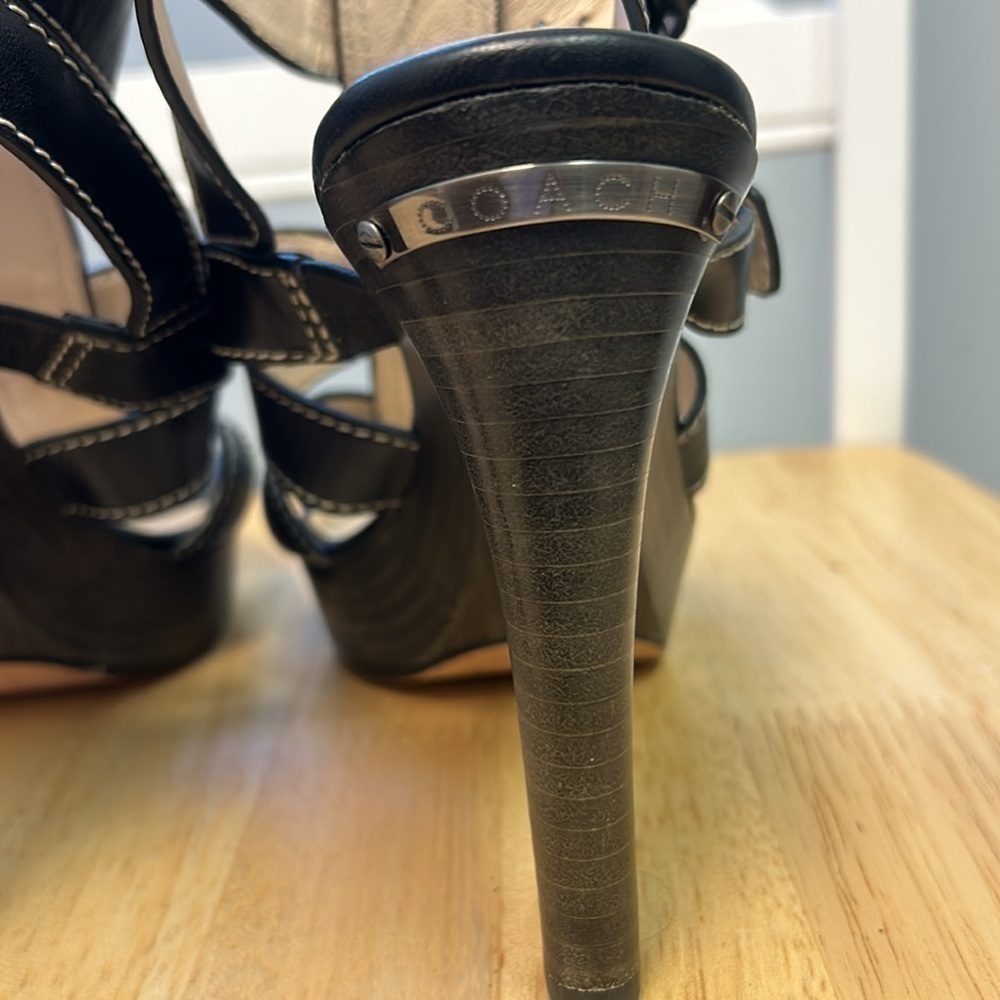 Coach Stefanie Vachetta T-Strap Ankle Leather Sandals Wooden Platform He… - Picture 5 of 8